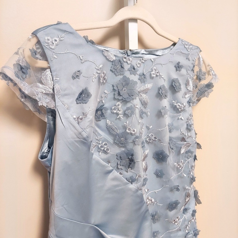 Midnight Velvet Light Blue Satin Floral Lace 3D Applique Cocktail Dress Size 8
